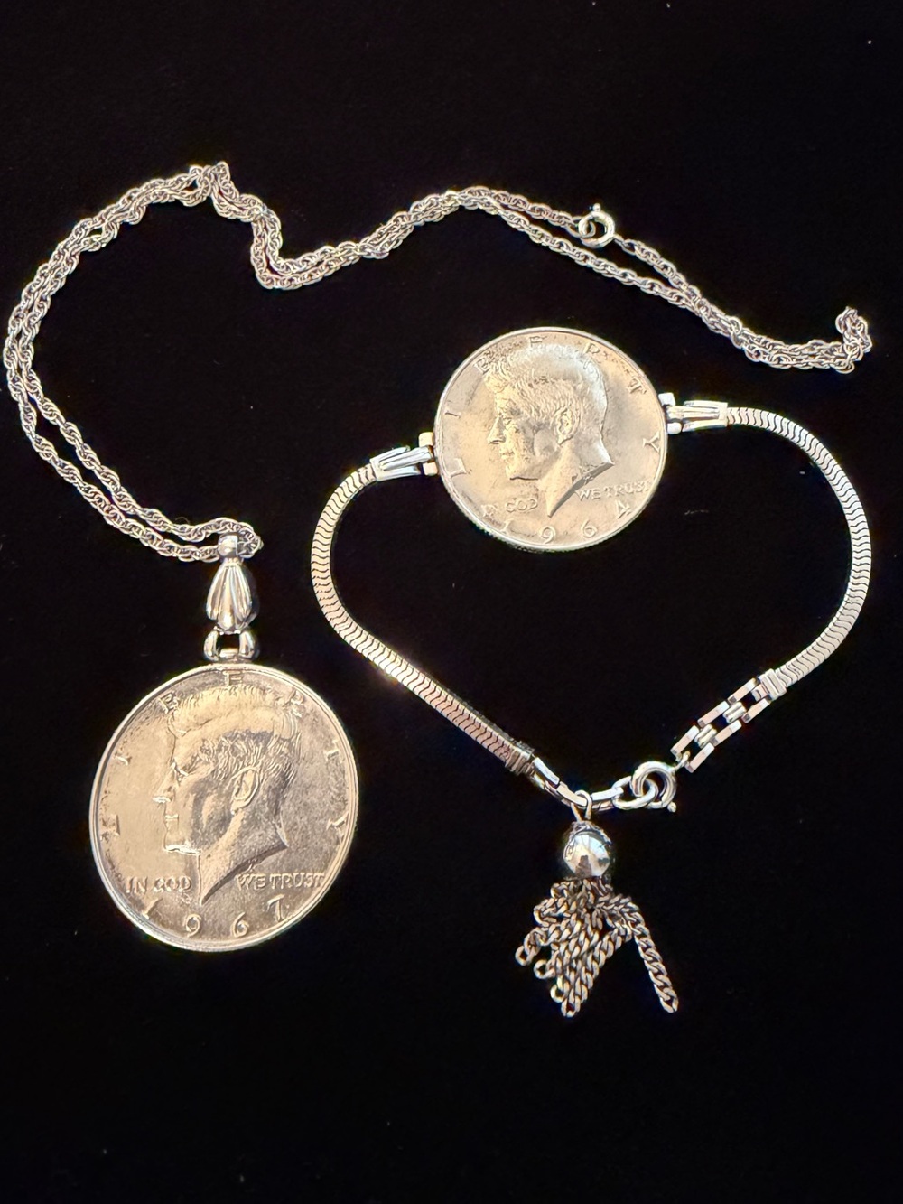 JFK Kennedy Half dollar Necklace & Bracelet  #E446 1964 1967 Sterling Silver 925